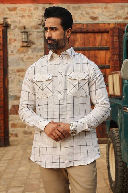 Raw & Rustic By Niti Bothra_White Linen Checkered Kurta _Online_at_Aza_Fashions
