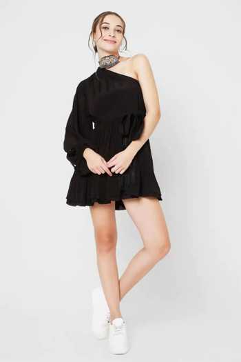 Style Junkiie Black Crepe Mirrors One Shoulder Short Dress Online at Aza Fashions Style Junkiie_Black Crepe Mirrors One Shoulder Short Dress _Online_at_Aza_Fashions
