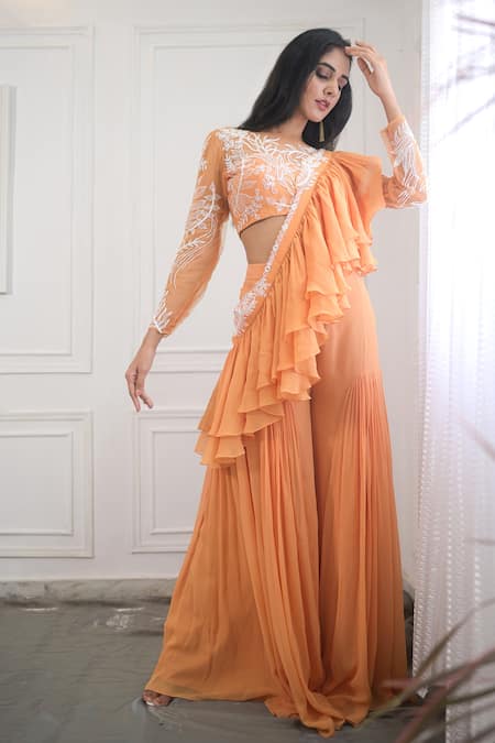 PIRI INDIA_Yellow Tulle, Georgette Sequins, Pearls, Beads, Hand Crop Top Sharara Set _Online_at_Aza_Fashions