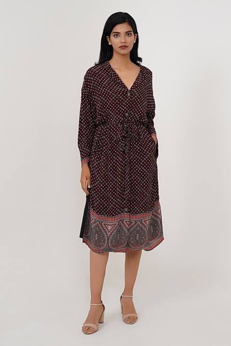 Buy_More Soul_Brown 100 % Viscose Print Diamond Spread Collar Tile Dress_Online_at_Aza_Fashions