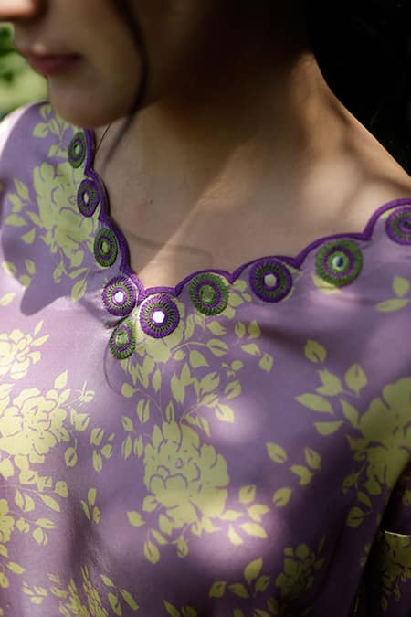 Raiman_Purple Modal, Satin Embroidery V-neck Floral Print Kurta And Salwar Set _Online_at_Aza_Fashions