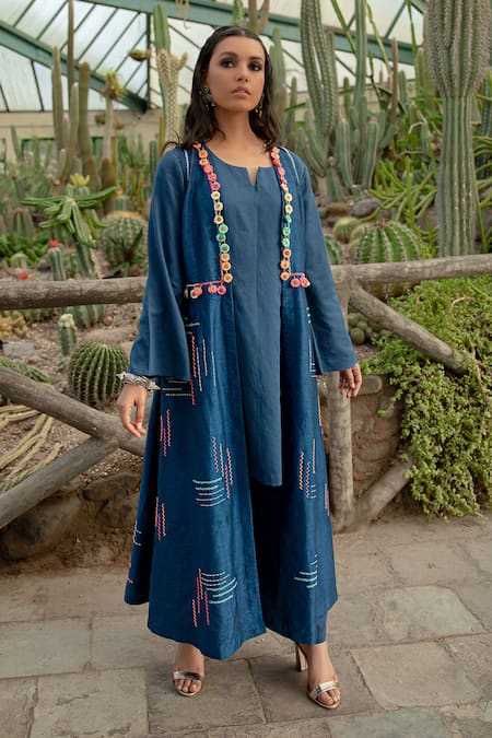 Kacha Tanka Blue Dupion Art Silk And Cotton Satin Hand Embroidery Flower Work Jacket Kurta Set Online at Aza Fashions Kacha Tanka_Blue Dupion Art Silk And Cotton Satin Hand Embroidery Flower Work Jacket Kurta Set _Online_at_Aza_Fashions