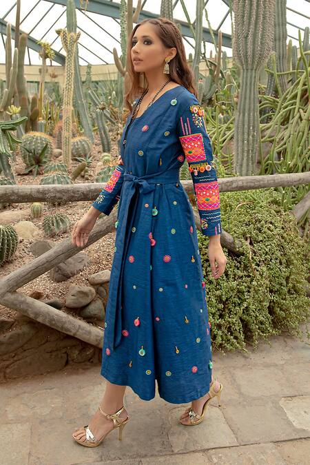 Kacha Tanka_Blue Silk, Cotton Embroidery, Mirrors Hand Flower And Geometric Jacket Dress Set _Online_at_Aza_Fashions