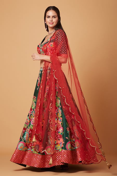 Siddhartha Bansal_Green Denim, Net Embroidery, Sequins V-neck Flower Blossom Bridal Lehenga Set _Online_at_Aza_Fashions