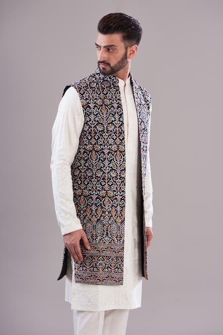 Buy Blue Georgette Embroidered Geometric Long Open Shrug For Men by Kasbah Online at Aza Fashions