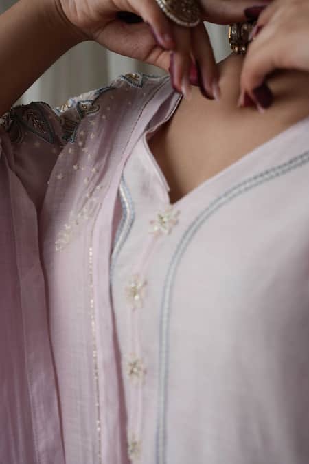Shop Kanika Sharma Pink Chanderi Silk, Modal, Muslin Pearls, Embroidery Kurta Peshwa Salwar Set at Aza Fashions Shop_Kanika Sharma_Pink Chanderi Silk, Modal, Muslin Pearls, Embroidery Kurta Peshwa Salwar Set _at_Aza_Fashions