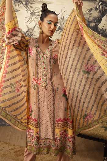 Kalista Beige Crepe, Silk Embroidery, Tassels, Beads Aina A-line Floral Print Kurta Set Online at Aza Fashions Kalista_Beige Crepe, Silk Embroidery, Tassels, Beads Aina A-line Floral Print Kurta Set _Online_at_Aza_Fashions