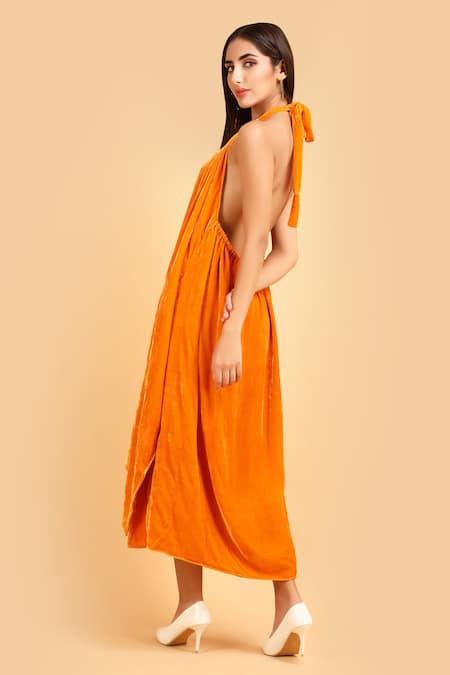 Label Ivish_Orange Silk, Velvet Halter Neck Asymmetric Dress _Online_at_Aza_Fashions