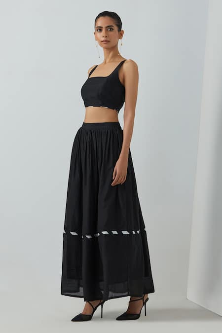 The Indian Cause_Black Chanderi Square Neck Zade Bralette With Skirt_Online_at_Aza_Fashions