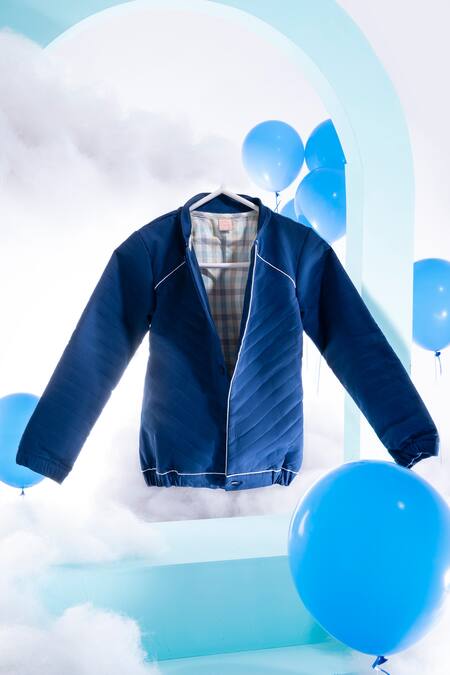 Little Luxury_Blue Cotton Quilted Varsity Jacket _Online_at_Aza_Fashions