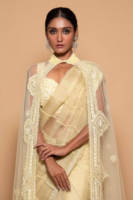 Pallavi Poddar Yellow Net, Tissue Sequins, Light Gamma Mirror Work Embellished Cape Saree Set Online at Aza Fashions Pallavi Poddar_Yellow Net, Tissue Sequins, Light Gamma Mirror Work Embellished Cape Saree Set _Online_at_Aza_Fashions