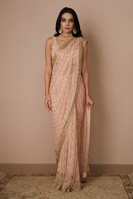 Astha Narang Pink Net, Crepe Sequins, Cut Work, Embroidery Scoop Checkered Saree With Blouse Online at Aza Fashions Astha Narang_Pink Net, Crepe Sequins, Cut Work, Embroidery Scoop Checkered Saree With Blouse _Online_at_Aza_Fashions