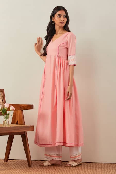 The Indian Cause_Peach Cotton Sequins, Embroidery, Lace V-neck V Anarkali Palazzo Set _Online_at_Aza_Fashions