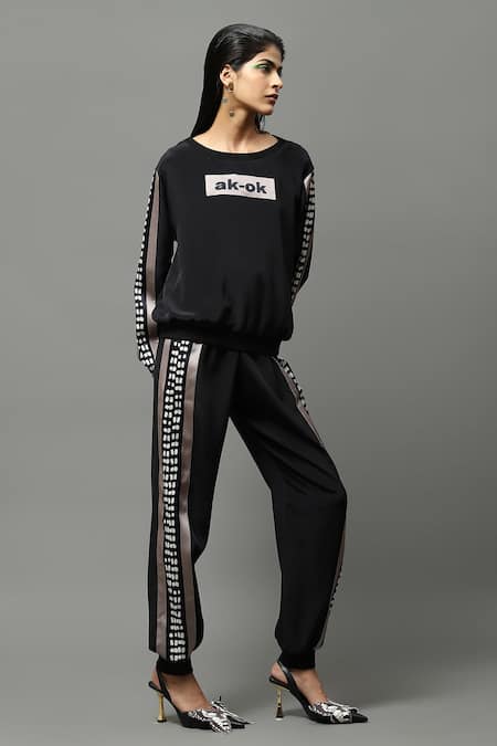 Buy_AK-OK_Black Boat Neck Abstract Pattern Sweatshirt And Joggers Set _Online_at_Aza_Fashions