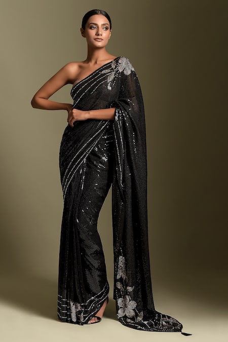 Two Sisters By Gyans_Black Saree Georgette Sequins, Crystals, Beads Flower Embellished Sheeting _Online_at_Aza_Fashions