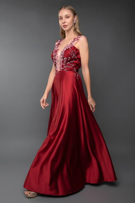 Anjum Qureshi_Red Satin Hand Embroidered Sequin Plunge Neck A-line Gown _Online_at_Aza_Fashions