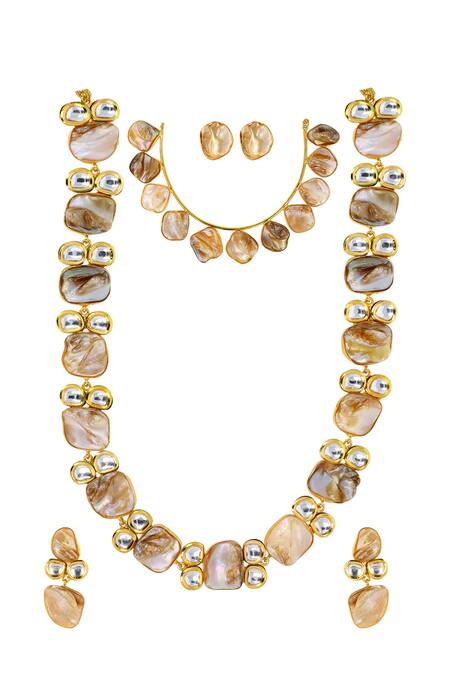 Ishhaara Gold Plated Bows Pearl And Kundan Embellished Necklace Set Online at Aza Fashions Ishhaara_Gold Plated Bows Pearl And Kundan Embellished Necklace Set _Online_at_Aza_Fashions