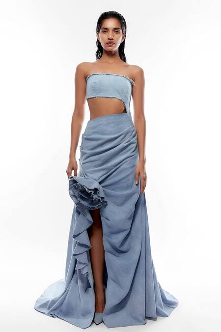 Deme By Gabriella_Blue Denim Square Neck Tube Gown _Online_at_Aza_Fashions