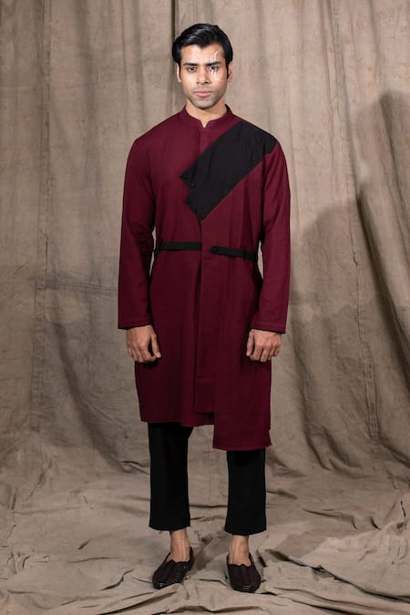 Shreyansh Designs_Wine Cotton, Linen Solid Asymmetric Kurta _Online_at_Aza_Fashions