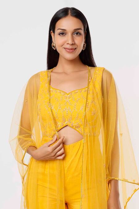 Mehak Murpana_Yellow Silk Embroidery Open Neck Bodice Raw Jumpsuit With Cape _Online_at_Aza_Fashions