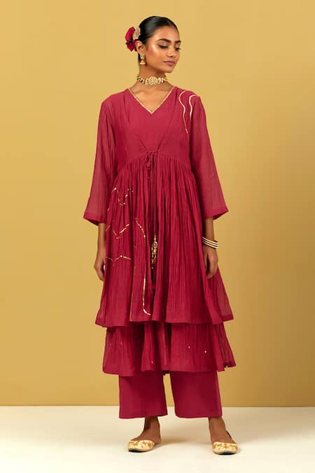 Buy Ikshita Choudhary Maroon Chanderi Embroidery V-neck Hand Jacket And Kurta Set Online at Aza Fashions Buy_Ikshita Choudhary_Maroon Chanderi Embroidery V-neck Hand Jacket And Kurta Set _Online_at_Aza_Fashions