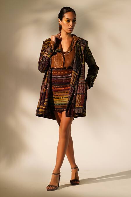 Nikita Mhaisalkar_Multi Color Georgette Sequins Stripe Print Short Skirt _Online_at_Aza_Fashions