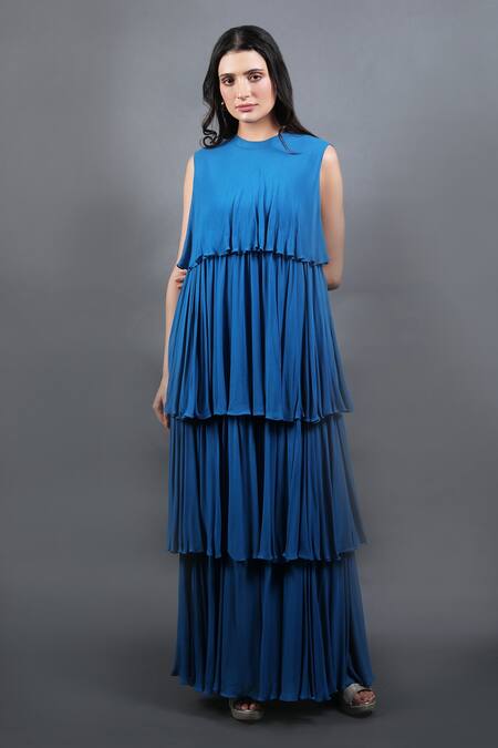 Swatee Singh_Blue Georgette High Neck Pleated And Tiered Maxi Dress _Online_at_Aza_Fashions