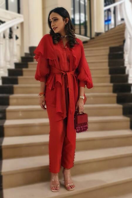 Garima Bindal Red Silk, Modal Collared Solid Wrap Tie-up Shirt Pant Set Online at Aza Fashions Garima Bindal_Red Silk, Modal Collared Solid Wrap Tie-up Shirt Pant Set_Online_at_Aza_Fashions