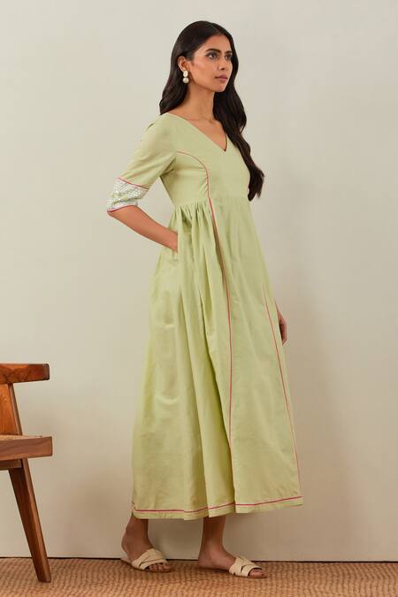 The Indian Cause Green Cotton Embroidery, Sequins V-neck Chikankari Midi Dress Online at Aza Fashions The Indian Cause_Green Cotton Embroidery, Sequins V-neck Chikankari Midi Dress_Online_at_Aza_Fashions