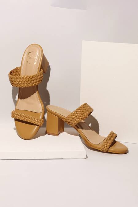 Myra_Brown Plain Basket Weave Two Strap Heels_Online_at_Aza_Fashions
