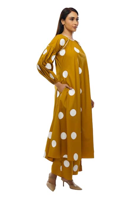 Khat_Yellow Poplin, Cotton Round Neck Mustard Polka Dot Dress And Pant Set _Online_at_Aza_Fashions