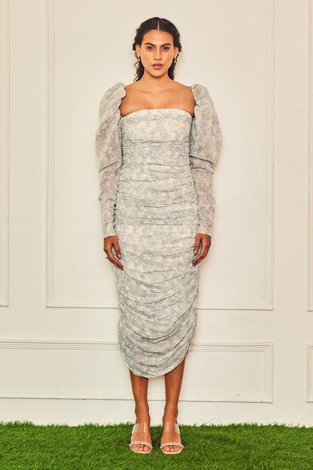 Therealb White Viscose Square Neck Little Woman Gathered Printed Dress Online at Aza Fashions Therealb_White Viscose Square Neck Little Woman Gathered Printed Dress _Online_at_Aza_Fashions