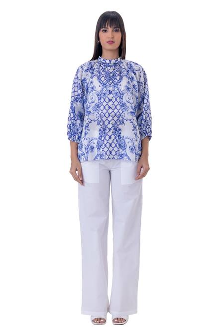 Gaya_White Ramie Linen Printed Baroque High Neck Viole Top _Online_at_Aza_Fashions