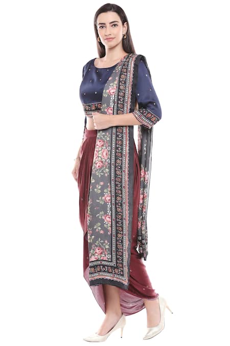 Soup By Sougat Paul Black Satin Round Printed Draped Skirt Set Online at Aza Fashions Soup By Sougat Paul_Black Satin Round Printed Draped Skirt Set _Online_at_Aza_Fashions