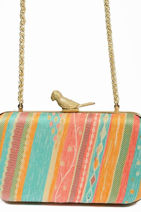 Miar Designs_Multi Color Stripe Pattern Kashi Chidiya Box Clutch_Online_at_Aza_Fashions