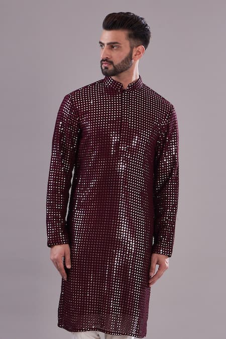 Kasbah Maroon Georgette, Cotton Mirrors Embroidered Straight Kurta Online at Aza Fashions Kasbah_Maroon Georgette, Cotton Mirrors Embroidered Straight Kurta_Online_at_Aza_Fashions