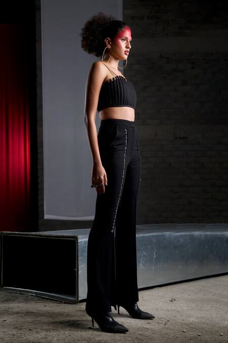 Pocketful Of Cherrie Black Crepe Embroidery Slit Hem Bell Bottom Online at Aza Fashions Pocketful Of Cherrie_Black Crepe Embroidery Slit Hem Bell Bottom_Online_at_Aza_Fashions