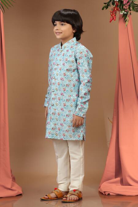 Kora By Nilesh Mitesh_Blue Cotton Embroidery Floral Print And Kurta Set_Online_at_Aza_Fashions