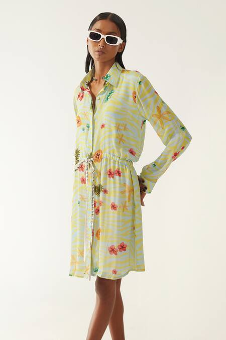 Amka_Blue Chiffon Collared Moi Champa Flower And Leopard Print Dress_Online_at_Aza_Fashions