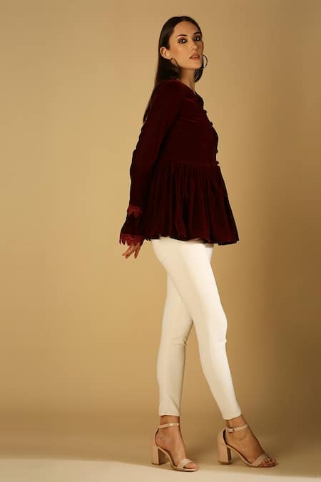 Monk & Mei By Sonia Anand Maroon Velvet Lace Round Neck Taj Peplum Jacket Online at Aza Fashions Monk & Mei By Sonia Anand_Maroon Velvet Lace Round Neck Taj Peplum Jacket _Online_at_Aza_Fashions