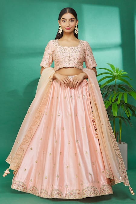Surbhi Shah_Peach Dupatta Organza, Lehenga And Blouse Spun Hand Embroidered Set _Online_at_Aza_Fashions