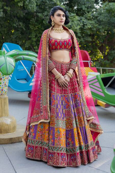 Irrau By Samir Mantri_Multi Color Georgette, Net Beads, Hand Embroidered Panelled Bridal Lehenga Set _Online_at_Aza_Fashions