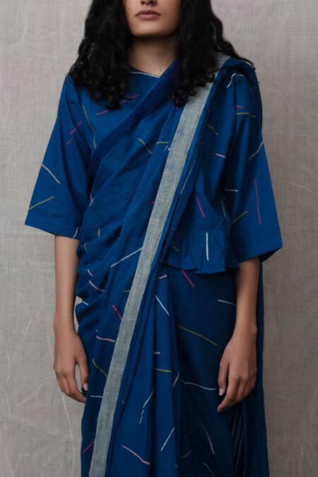 Banana Labs_Blue Cotton Print Sprinkle Hand Block Saree_Online_at_Aza_Fashions
