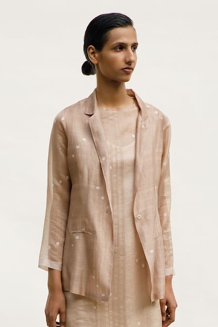 Urvashi Kaur Beige Chanderi Cotton, Silk Dash Polka Dots Woven Blazer Online at Aza Fashions Urvashi Kaur_Beige Chanderi Cotton, Silk Dash Polka Dots Woven Blazer _Online_at_Aza_Fashions
