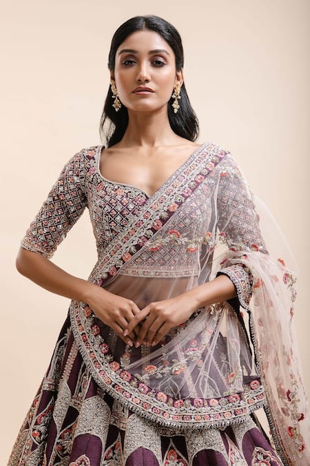 Kalighata Purple Silk Cut Work, Embroidery, Raw Mughal Embellished Bridal Lehenga Set Online at Aza Fashions Kalighata_Purple Silk Cut Work, Embroidery, Raw Mughal Embellished Bridal Lehenga Set _Online_at_Aza_Fashions