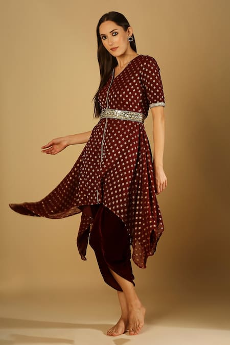 Monk & Mei By Sonia Anand_Maroon Velvet, Brocade, Georgette Tamanna Asymmetric Kurta And Dhoti Pant Set _Online_at_Aza_Fashions