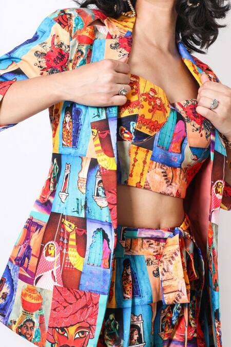 Fuga Multi Color Linen, Cotton Sweetheart Neck Senora Notched Lapel Blazer Pant Set Online at Aza Fashions Fuga_Multi Color Linen, Cotton Sweetheart Neck Senora Notched Lapel Blazer Pant Set_Online_at_Aza_Fashions