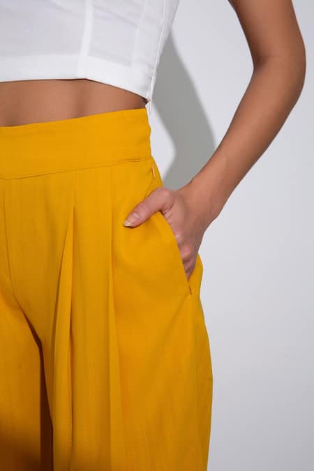 Pocketful Of Cherrie_Yellow Crepe Pleated Cropped Culottes_Online_at_Aza_Fashions