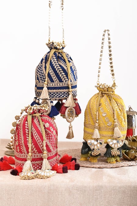 Miar Designs_Yellow Sequin Aadhya Silk Embroidered Potli Bag_Online_at_Aza_Fashions