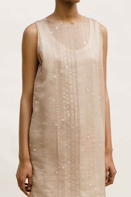 Urvashi Kaur_Beige Chanderi Cotton Embroidery Round Neck Wabi Sleeveless Pleated Dress _Online_at_Aza_Fashions